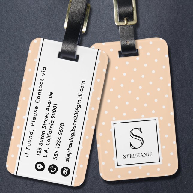 Polka Dots Mönster Monogram och Namn Peach Puff Bagagebricka (Skapare uppladdad)