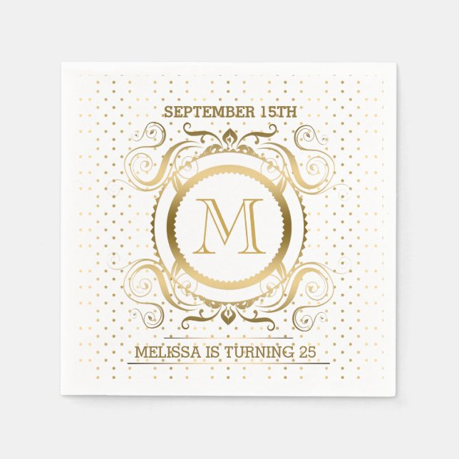 Polka dots och Blommigt Ram i Vita och Guld Pappersservett (Framsidan)