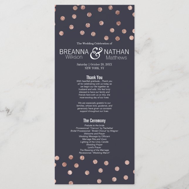 Polka dots och det blå Bröllopsprogrammet ro-Guld Program (Framsida)