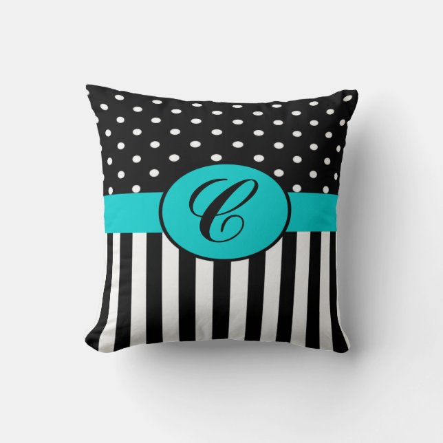 Polka dots och Rand Monogrammed Dekorativ kudde (Framsida)