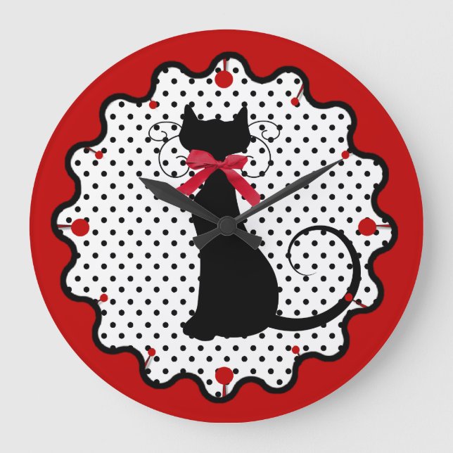 Polka dots och svart katt stor klocka (Framsida)