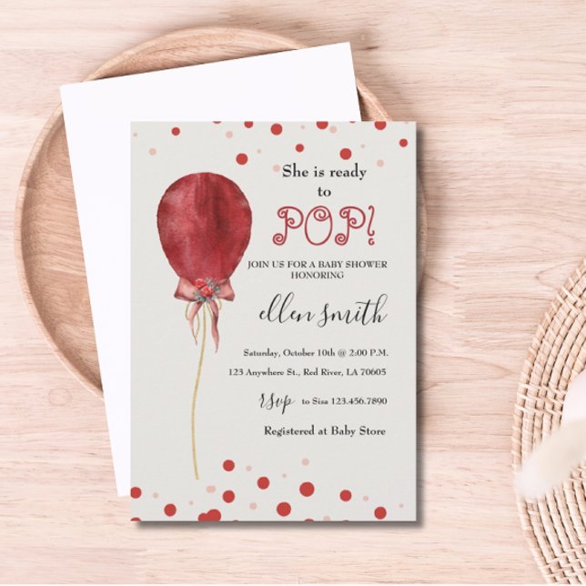 Polka dots Red Balloon Redo till Pop Inbjudningar (Front Polka Dots Red Balloon Ready to Pop Invitation)