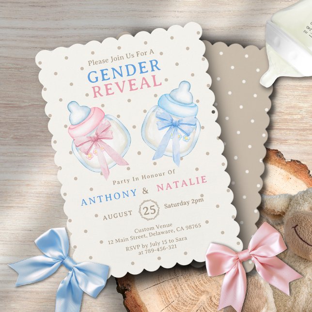 Polka dots Rosa Blue Bow Mjölk Flaska Gender Revea Inbjudningar (Polka Dots Pink Blue Bow Milk Bottle Gender Reveal Invitation )