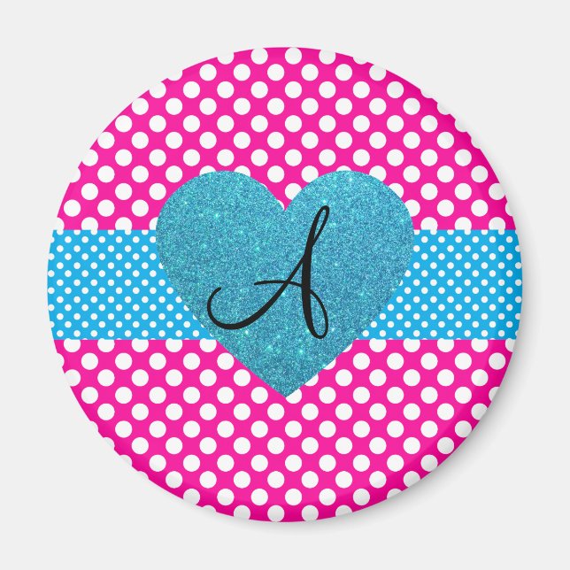 Polka dots rosa och vita monogram magnet (Framsidan)