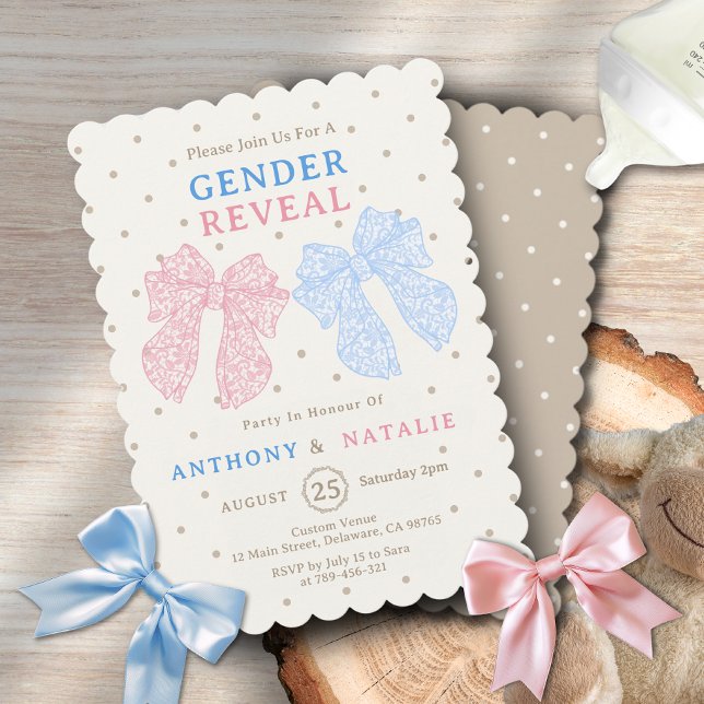 Polka dots Rosa Ribbon Blue Bow Tie Gender Reveal Inbjudningar (Polka Dots Pink Ribbon Blue Bow Tie Gender Reveal Invitation )