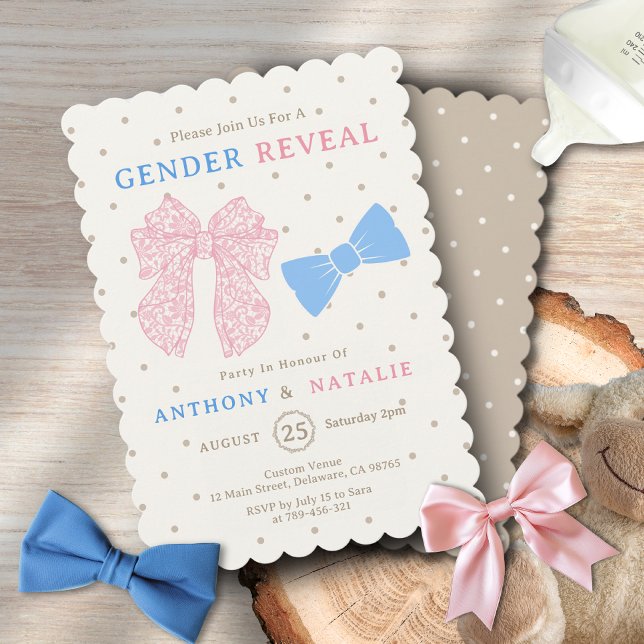 Polka dots Rosa Ribbon Blue Bow Tie Gender Reveal Inbjudningar (Polka Dots Pink Ribbon Blue Bow Tie Gender Reveal Invitation)