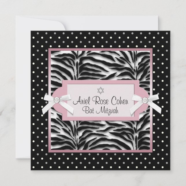 Polka dots Rosa Zebra Bat mitzvah inbjudningar (Framsida)