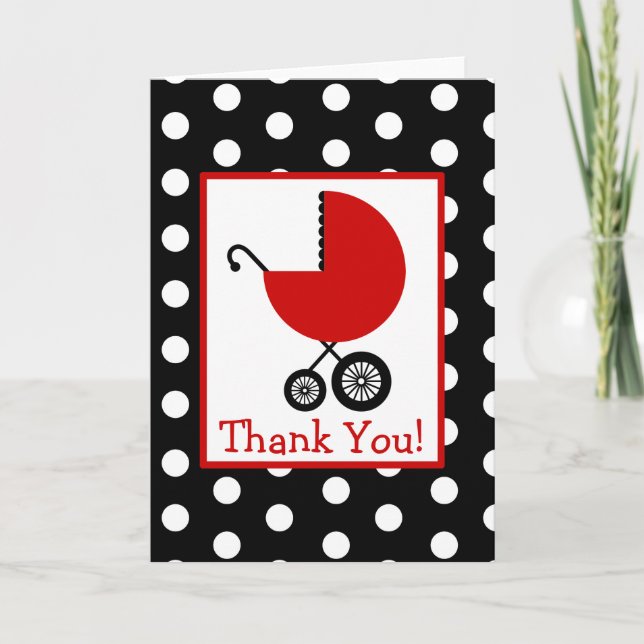 Polka dots & rött vagnsbaby showertack tack kort (Framsida)