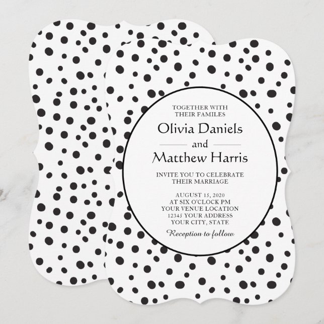 Polka dots. Svarta och vita Bröllop Inbjudningar (Fram/baksida)