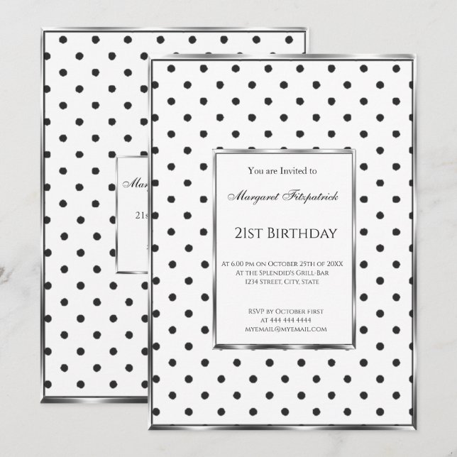 Polka dots Svartvit 21:a födelsedag Party Inbjudningar (Fram/baksida)