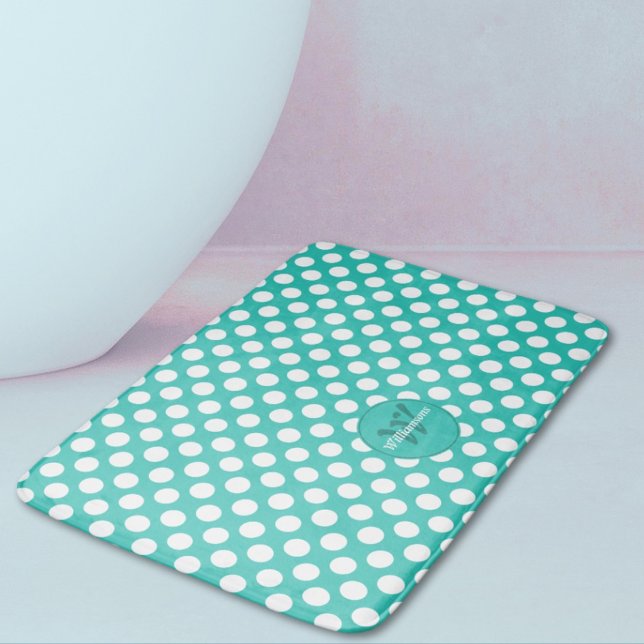 Polka Prickar Turkos & Vit Initial Familjenamn Badrumsmatta (Polka Dots Turquoise & White Initial Family Name Bath Mat)