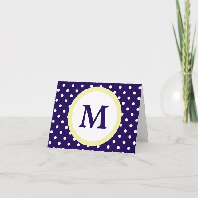 Polka-prickkort för monogram blå Gult Anteckningskort (Framsida)