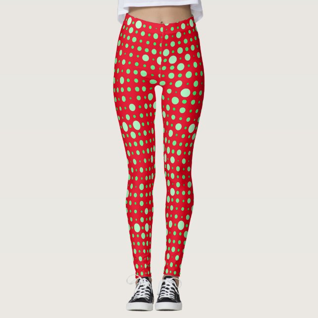 Polka punkt 02.Grönt. Red BG Leggings (Framsida)
