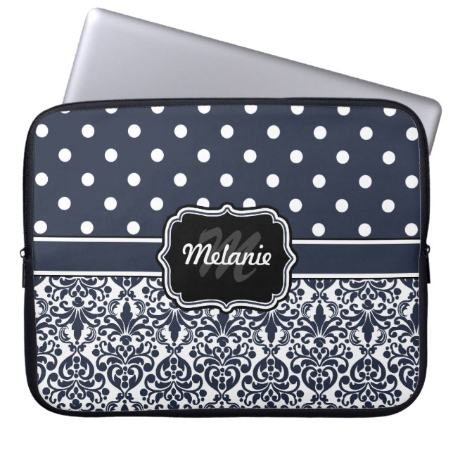 Polka-punkt för marinblå monogrammed Damask Laptop Sleeve (Framsidan)