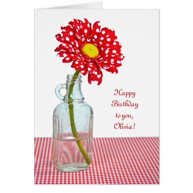 Polka-punktfödelsedag med namn hälsningskort (Framsidan)