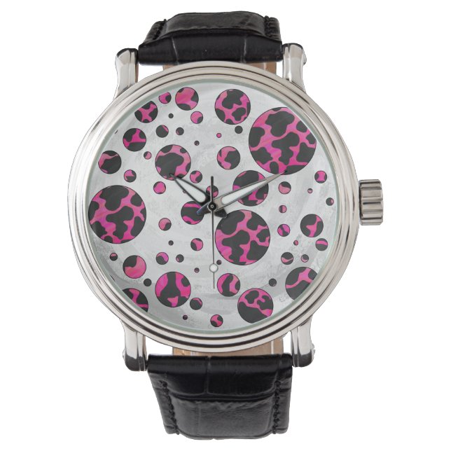 Polka-punktskon, Shock rosa och svart utskrift Armbandsur (Framsida)