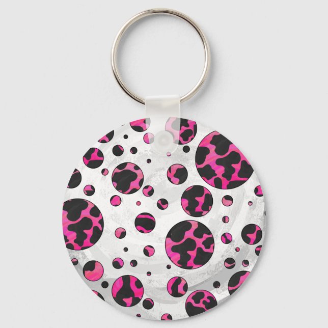 Polka-punktskon, Shock rosa och svart utskrift Nyckelring (Framsida)