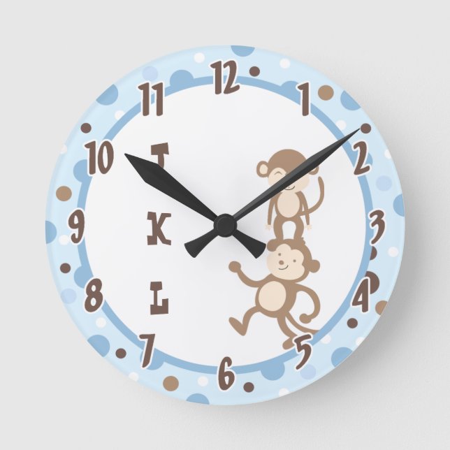 Polkadot Blue Funky Monkey Dancing Jungle Clock Rund Klocka (Framsida)