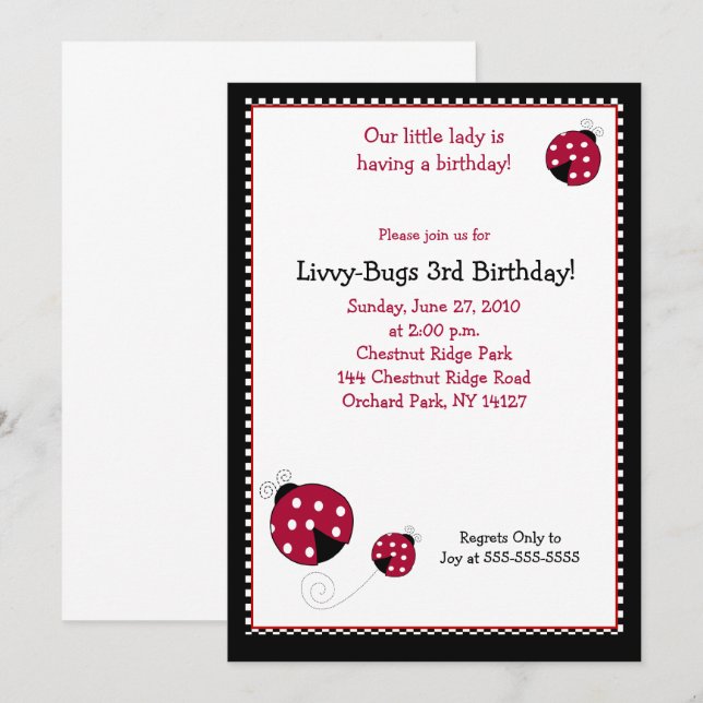 Polkadot Ladybug 5x7 födelsedagsinbjudan Inbjudningar (Fram/baksida)