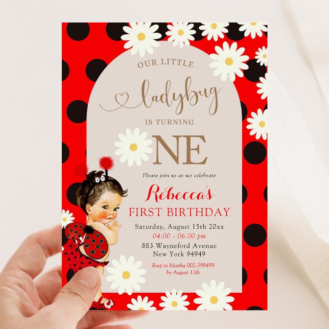 Polkadot Ladybug Daisy Brown Hair First Birthday Inbjudningar (Skapare uppladdad)