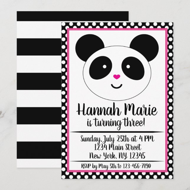 Polkadot Panda Party födelsedagsinbjudan Inbjudningar (Fram/baksida)