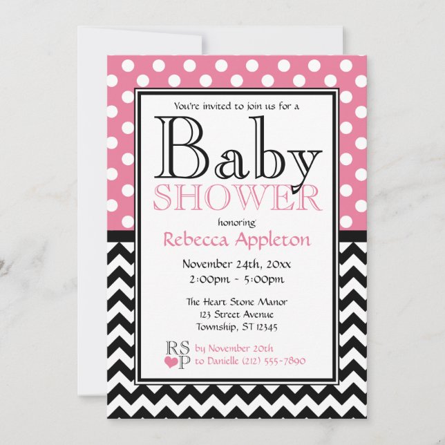 Polkaen pricker rosor & sparrebaby shower inbjudningar (Framsida)