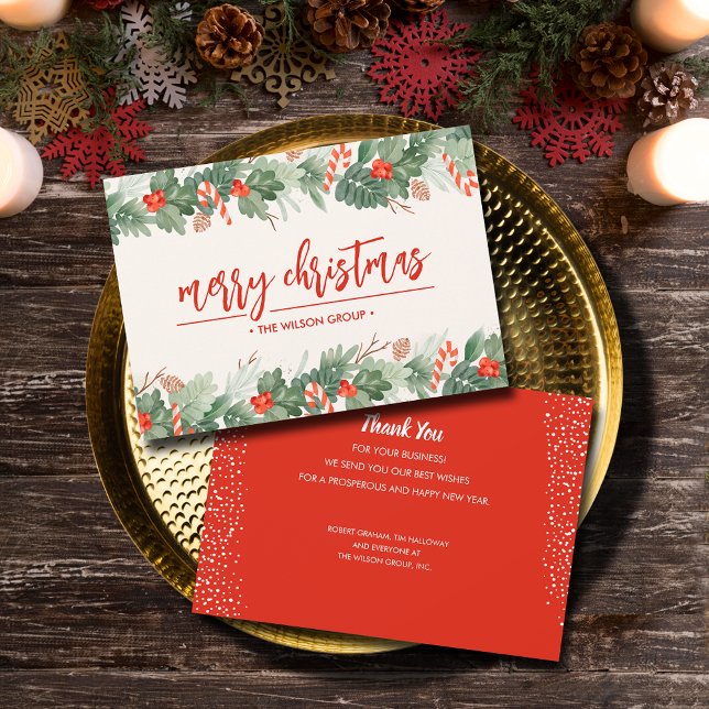 Polkagrisar Berries Business-jul Julkort (Candy canes, greenery and berries business Christmas holiday cards)