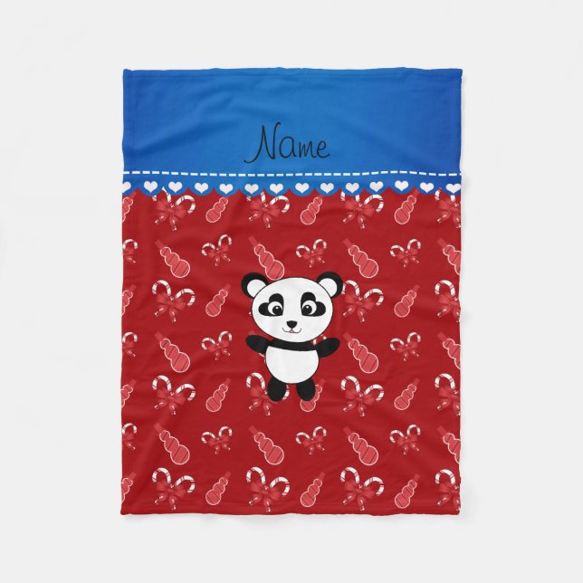Polkagrisar för anpassade namn panda-röda snögubba fleecefilt (Framsidan)