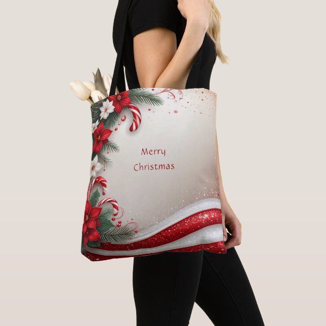 Polkagrisar för julBlommigt Helgdag Tote Bag Tygkasse (Närbild)