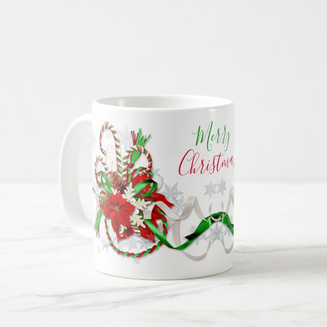 Polkagrisar Poinsettia Snöflingor God jul Kaffemugg (Framsida vänster)