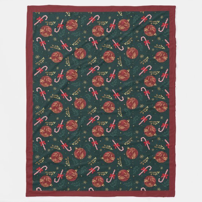 Polkagrisar Snöflingor Röda julen Bollar Grönt Fleecefilt (Framsidan)