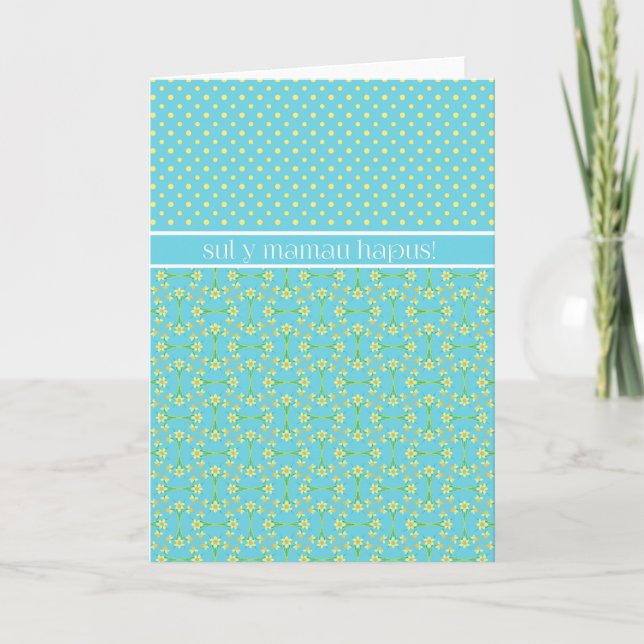 Polkas Daffodils Mors dag Card: Welsh Hälsning Kort (Framsida)