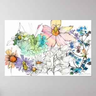 Pollinator Vattenfärg Blommor Honungsbin Handritad Poster