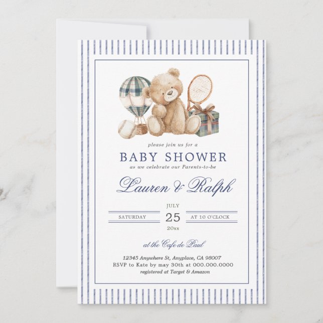 Polo Bear Baby Shower Preppy Boy Plaid Baby Shower Inbjudningar (Framsida)