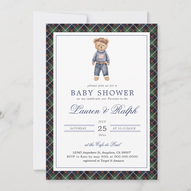 Polo Bear Boy Classic Preppy Baby Shower Inbjudningar (Framsida)