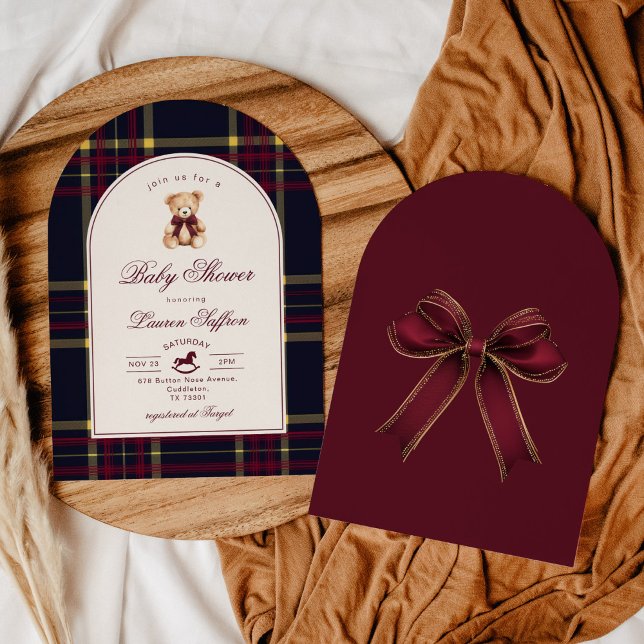 Polo Nalle Vin Red plaid Arch Baby dusch Inbjudningar (Skapare uppladdad)