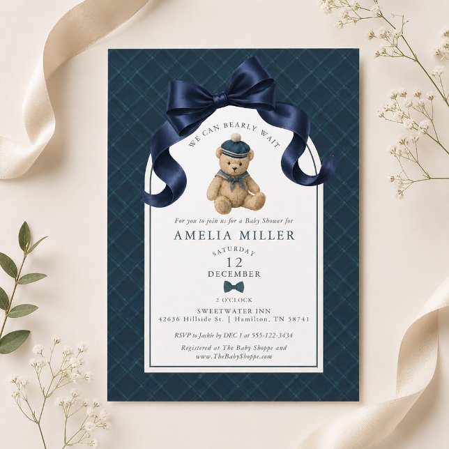 Polo Teddy Bear Bow Plaid Pojke Bebis Shower Inbjudningar (Polo Teddy Bear Bow Plaid Boy Baby Shower Invitation)