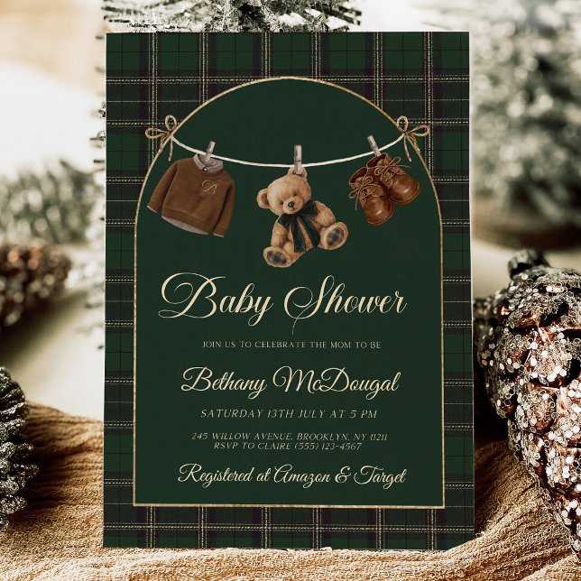 Polo Teddy Bear Classic Baby Shower Inbjudningar (polo bear invitation, green tartan baby shower, preppy baby shower, teddy nvitation, classic baby sh)