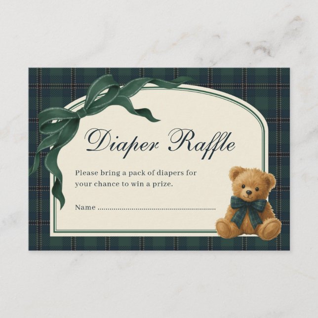 Polo Teddy Bear Green Bow Plaid Diaper Raffle Tilläggskort (Framsida)