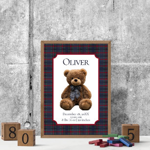 Polo Teddy Bear Tartan Plaid Baby Namn Födelsestat Poster