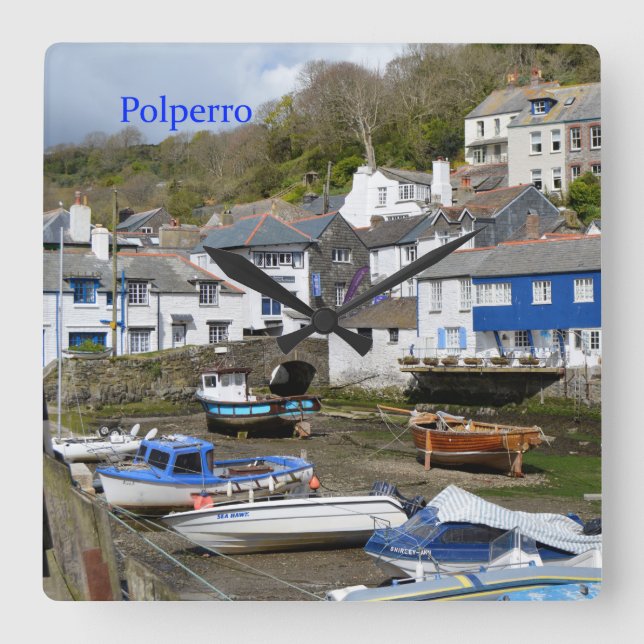 Polperro Cornwall England låg Tide Fyrkantig Klocka (Framsida)