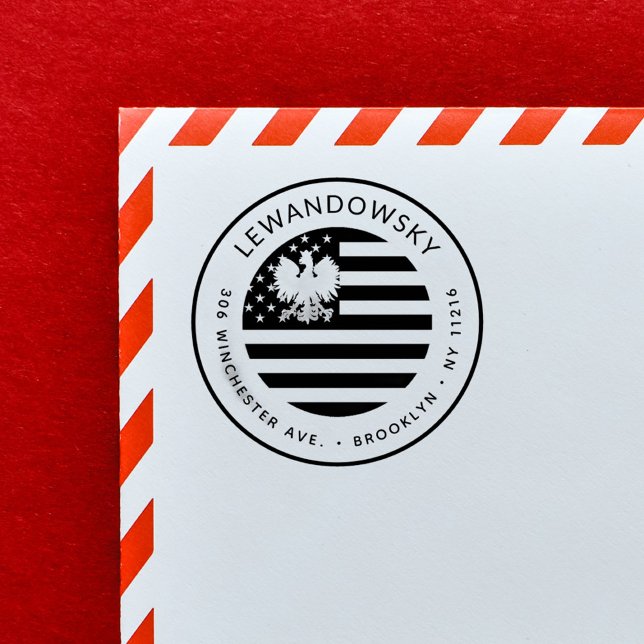 Polsk-amerikansk patriotisk Returadress Självfärgande Stämpel (Polish - American Eagle USA Flag Patriotic Return Address Stamp. Perfect to celebrate 4th of July!)