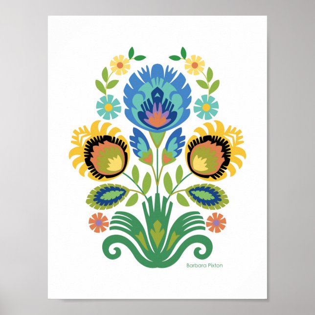 Polsk Blommigt Azure Blue Papercut Design Poster (Framsidan)