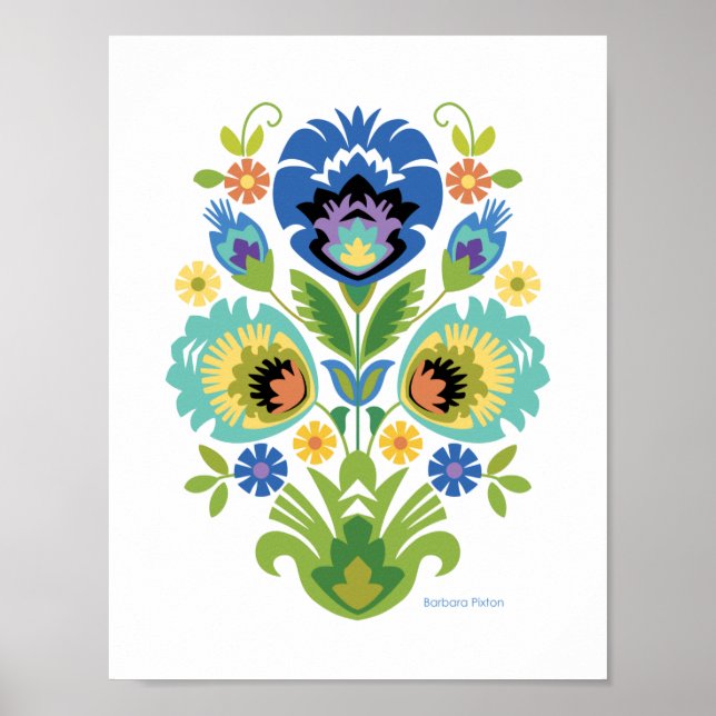 Polsk Blommigt Blue & Teal Papercut Design Poster (Framsidan)