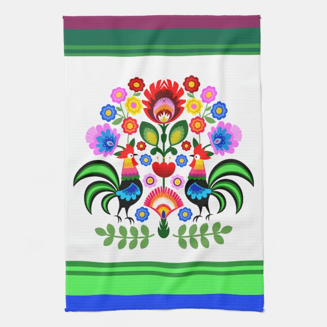 Polsk folkkonst - blommigt embroidery mönster kökshandduk (Vertikal)