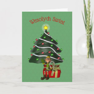 Polsk jul Hälsning Cute Male Elf Träd Helgkort