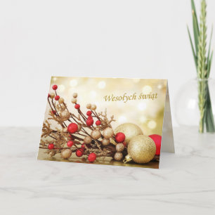 Polsk jul - röd och guld baubles helgkort