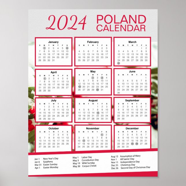Polsk kalender 2024 med polska Helgdagar - nedladd Poster (Framsidan)