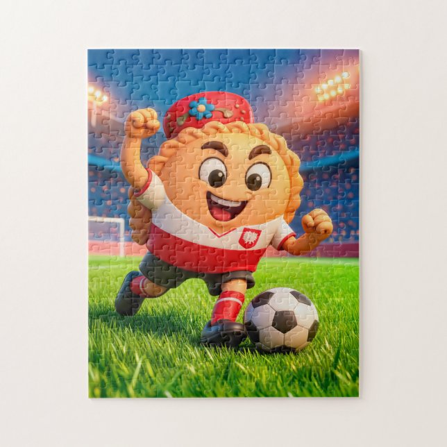 Polsk pierogi fotbollsspelare på en ljus stadion pussel (Vertikal)