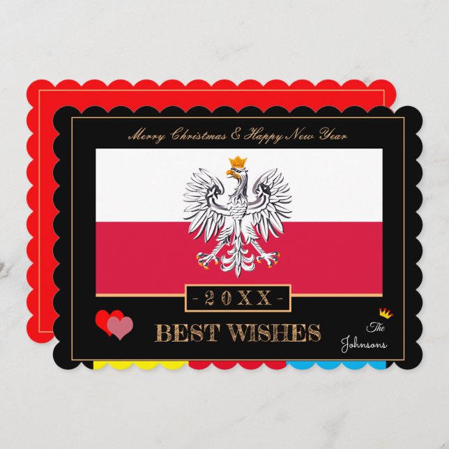 Polska Flagga & Gott nytt år/Bästa Önskemål Polen Julkort (Fram/baksida)